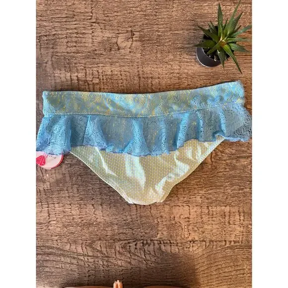 Gottex Lace Ruffle XL Bikini Bottoms Y2K Baby Blue Gingham,Cottagecore Swim, NEW - Picture 5 of 6